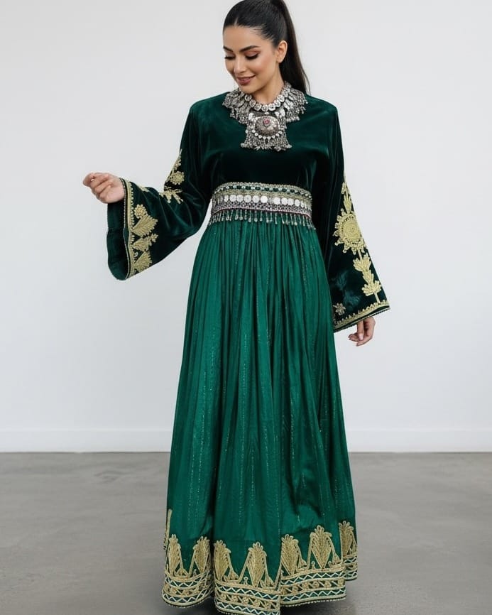 Green Afghan Traditional Dress Sabz with Hand Embroidery - Cloth Sizes Women: Double Extra Large