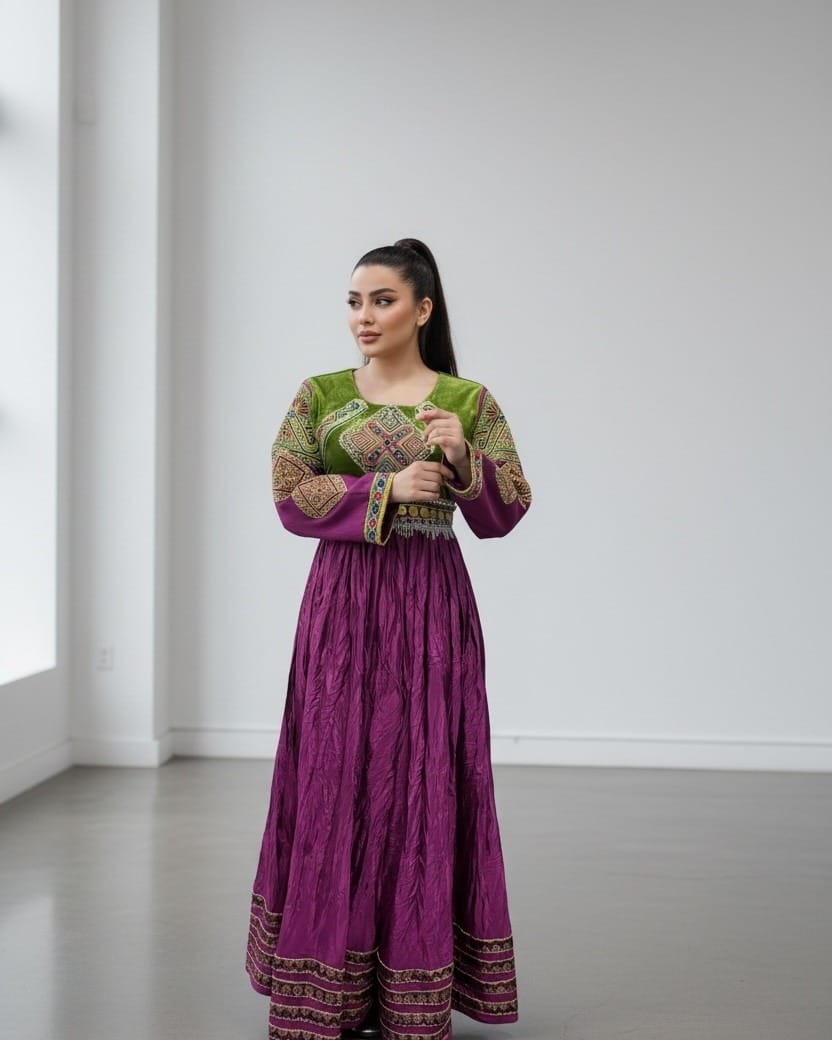 Velvet & Silk Afghan Dress with Elegant Embroidery - Traditional Women’s Formal Wear