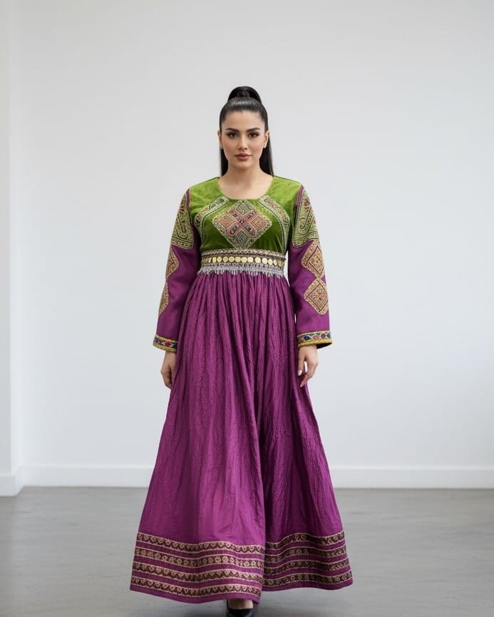 Velvet & Silk Afghan Dress with Elegant Embroidery - Traditional Women’s Formal Wear