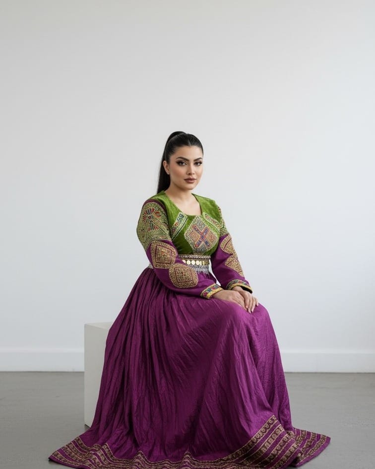 Velvet & Silk Afghan Dress with Elegant Embroidery - Traditional Women’s Formal Wear