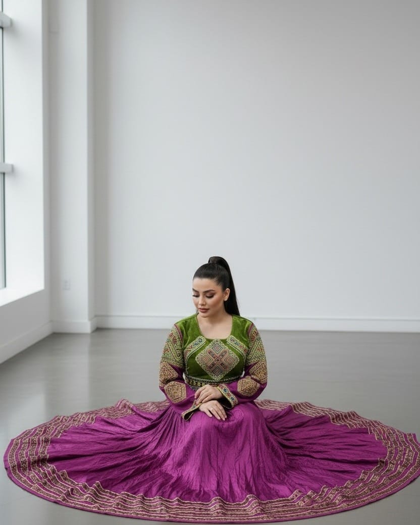 Velvet & Silk Afghan Dress with Elegant Embroidery - Traditional Women’s Formal Wear