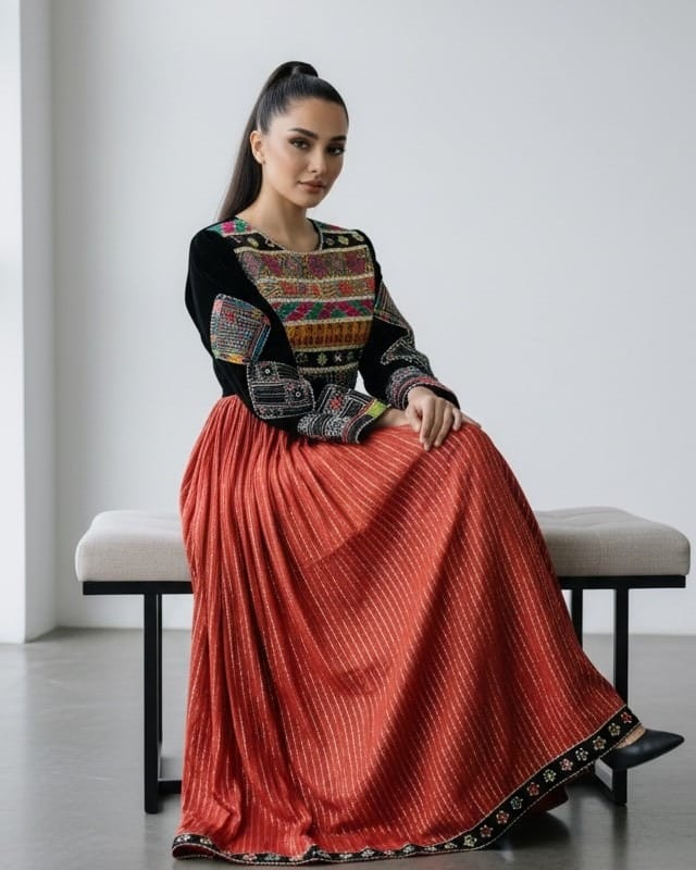 Traditional Dress – Black and Orange Kuchi Frock Pashtun Wedding Outfit