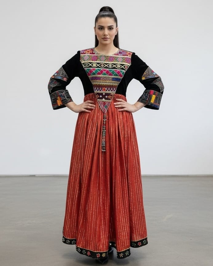 Traditional Dress – Black and Orange Kuchi Frock Pashtun Wedding Outfit