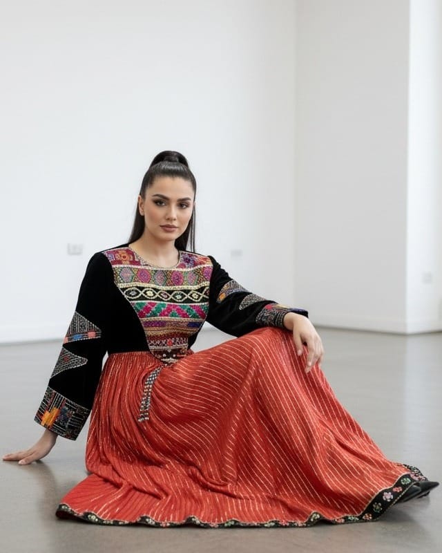 Traditional Dress – Black and Orange Kuchi Frock Pashtun Wedding Outfit