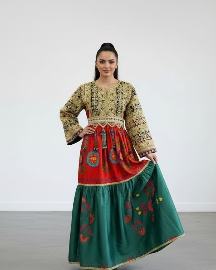 Traditional Handcrafted Dress with Floral Embroidery – Red and Green Kuchi Frock