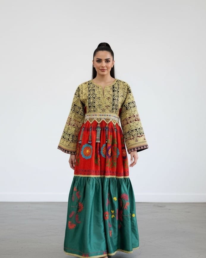 Traditional Handcrafted Dress with Floral Embroidery – Red and Green Kuchi Frock