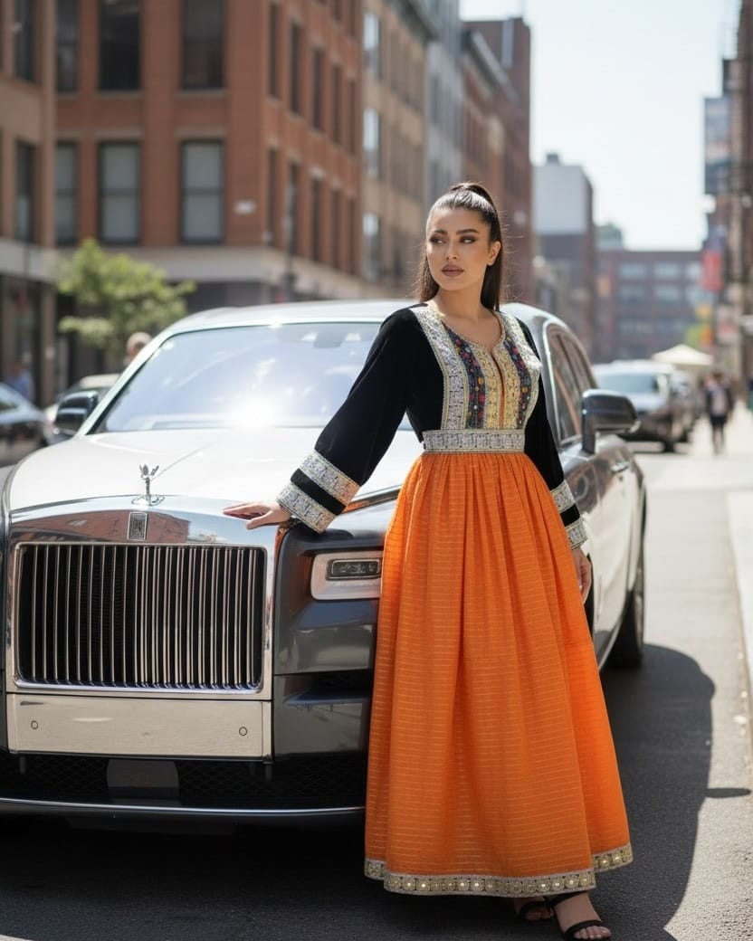 Cultural Dress – Black Top with Orange Pleated Skirt – Hand-Embroidered Traditional Style Dress