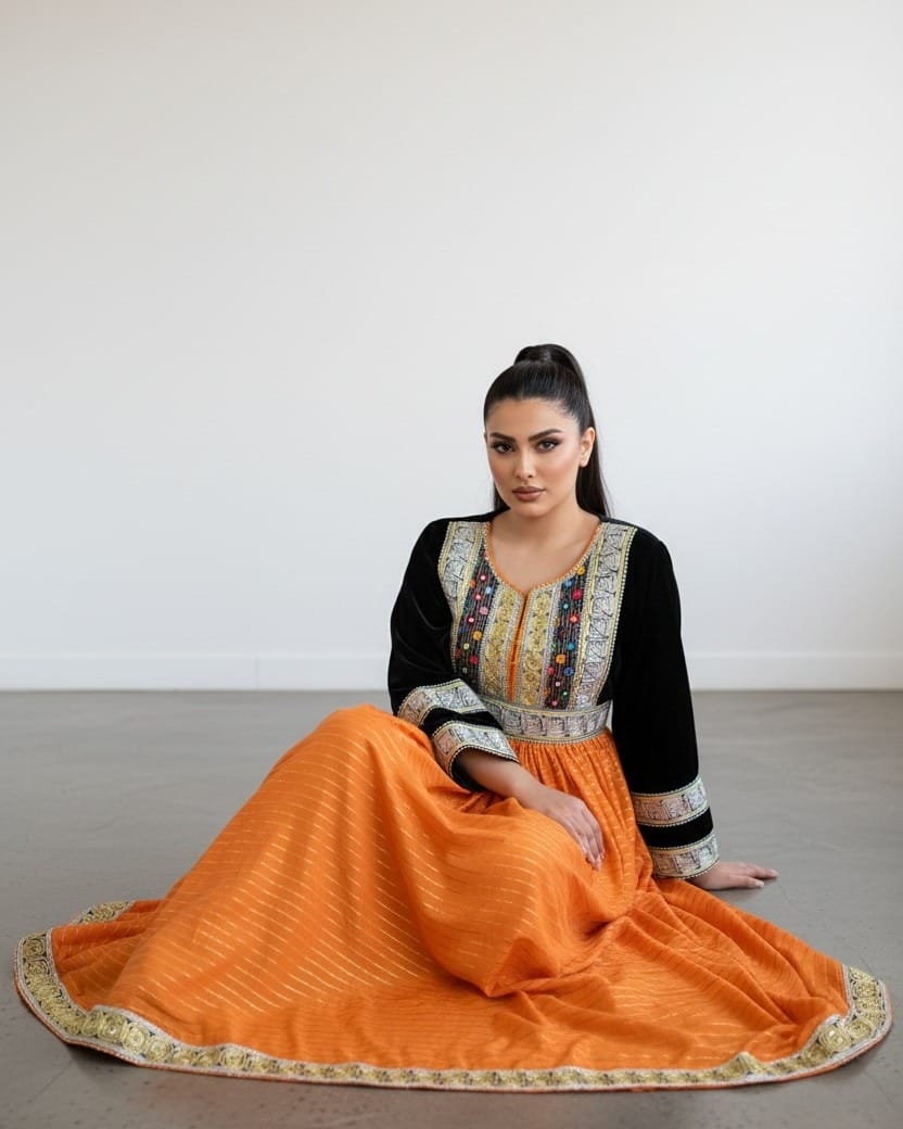 Cultural Dress – Black Top with Orange Pleated Skirt – Hand-Embroidered Traditional Style Dress