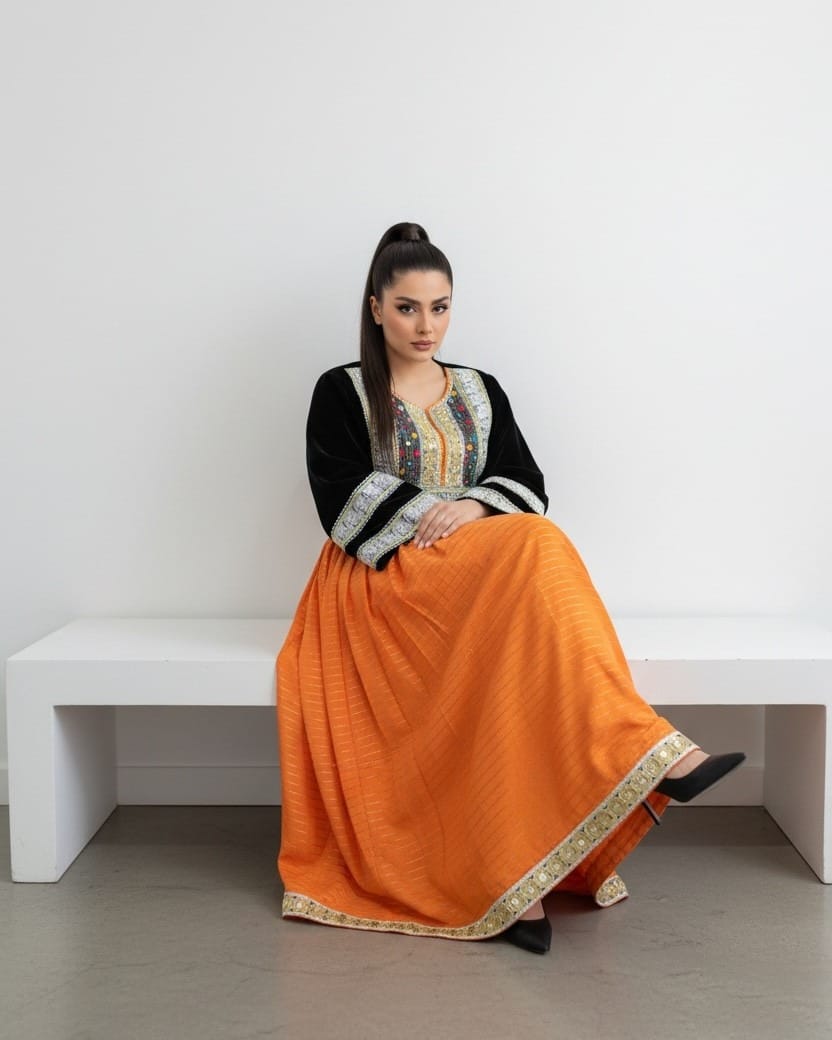 Cultural Dress – Black Top with Orange Pleated Skirt – Hand-Embroidered Traditional Style Dress