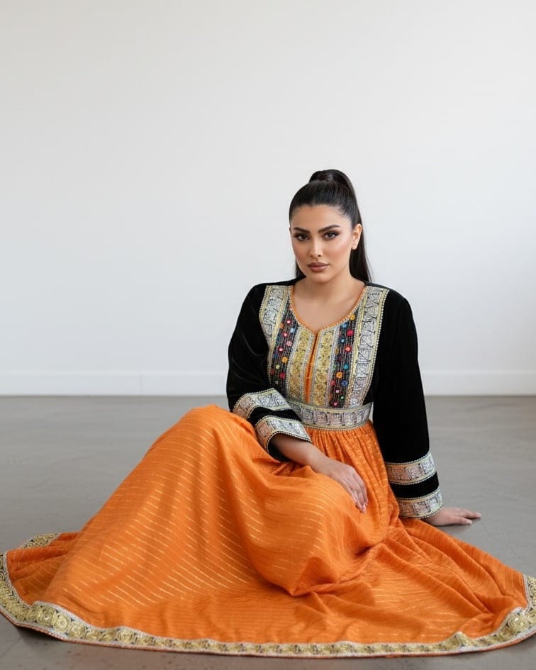 Cultural Dress – Black Top with Orange Pleated Skirt – Hand-Embroidered Traditional Style Dress