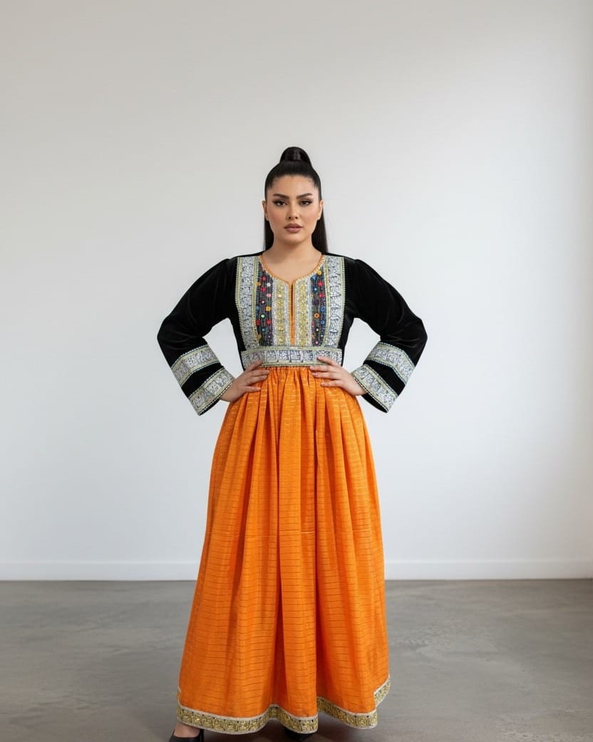 Cultural Dress – Black Top with Orange Pleated Skirt – Hand-Embroidered Traditional Style Dress