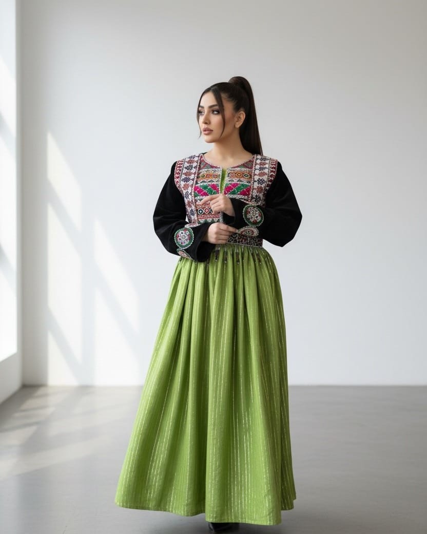 Traditional Afghan Dress – Black Bodice with Multi-Colored Floral Embroidery and Green Pleated Skirt
