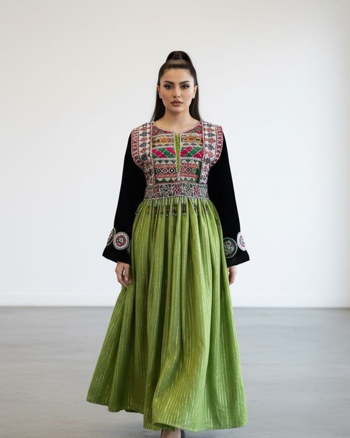slim fit dress slacks Title: White & Emerald Green Afghan Dress with Gold Accent main image 0