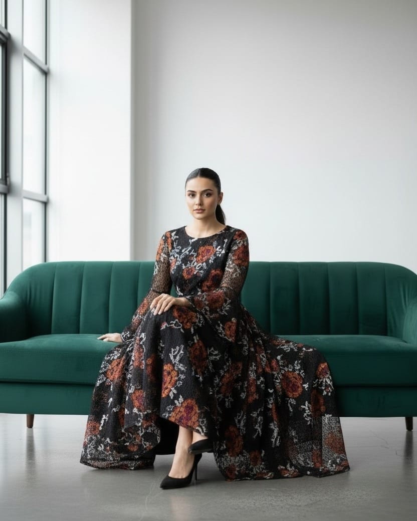 Elegant Black and Red Floral Afghan Dress – Handcrafted Lace Gown with Bell Sleeves