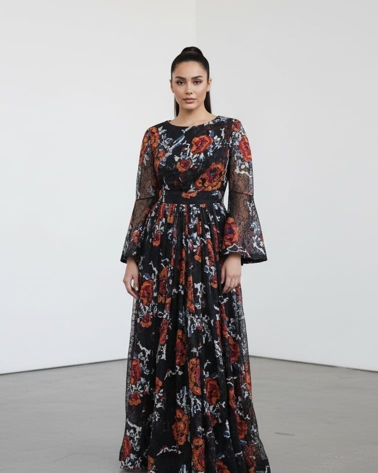 Elegant Black and Red Floral Afghan Dress – Handcrafted Lace Gown with Bell Sleeves