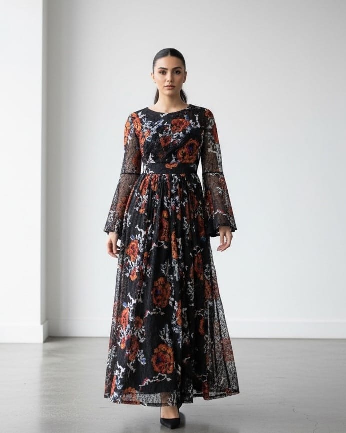 Elegant Black and Red Floral Afghan Dress – Handcrafted Lace Gown with Bell Sleeves