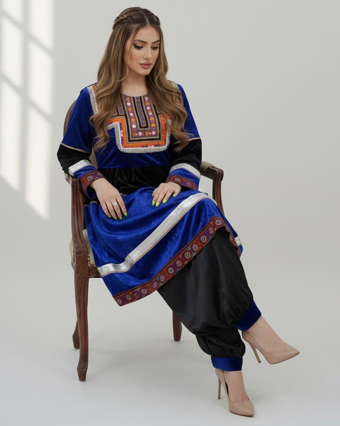 Velvet Dress Set with Satin Pants & Hand Embroidered Details – Handmade Cultural Attire