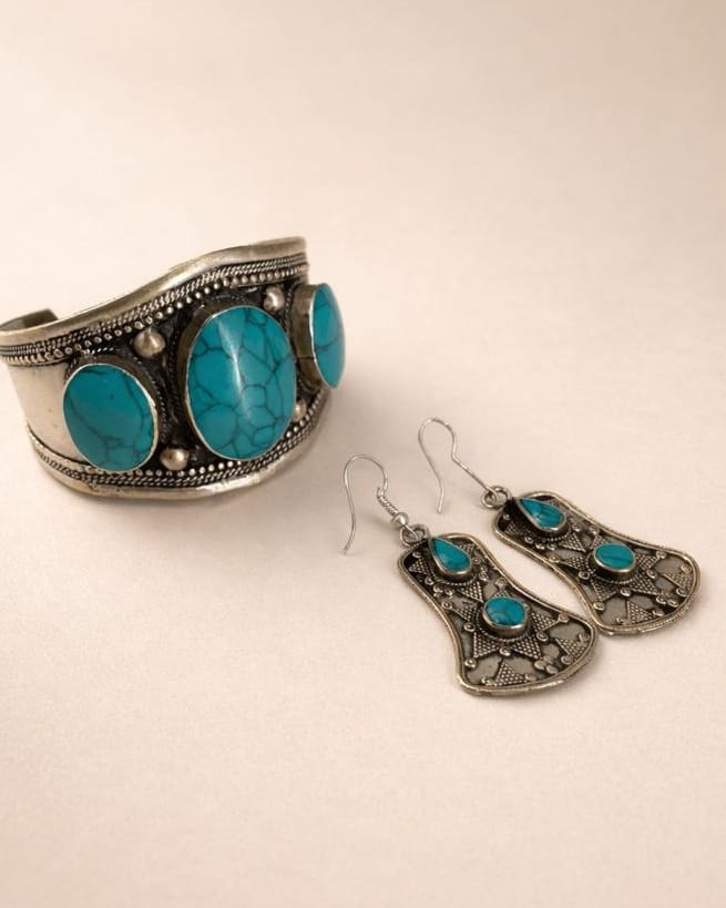 Blue Lapis Lazuli Ancient Style Bracelet & Ring | Bronze Handcrafted Cuff Bracelet & earrings