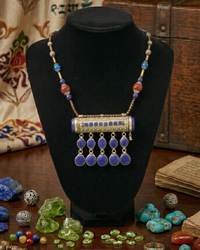 Tribal Afghan Blue Lapis Lazuli Beaded Drop Pendant