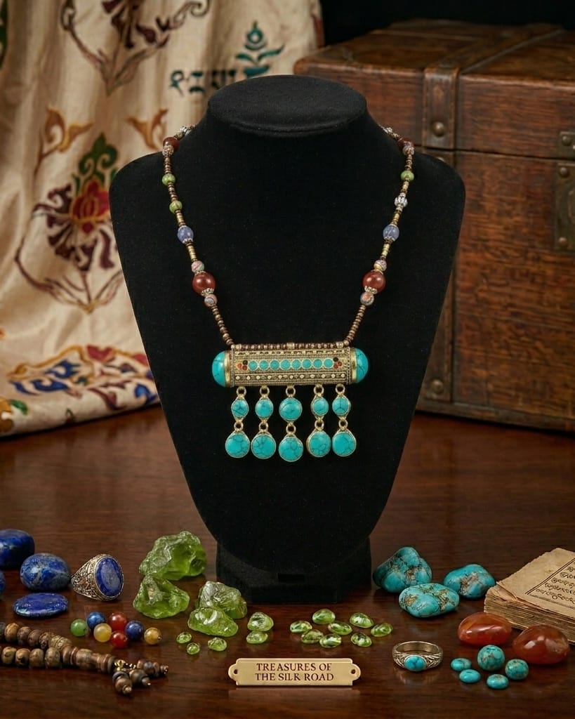 Tribal Afghan Blue Turqoise Beaded Drop Pendant | Gilt Metal Lariat Locket