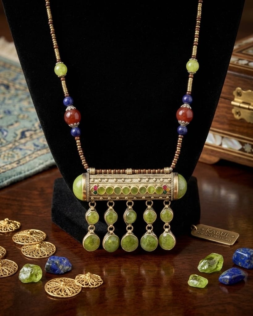 Tribal Afghan GreenBeaded Drop Pendant | Gilt Metal Lariat Locket