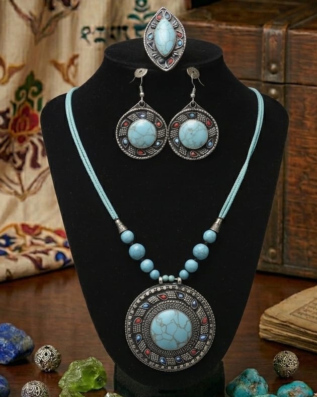 Antique Light Blue Turquoise Pendant Traditional Style Necklace | Necklace, Hook Earrings