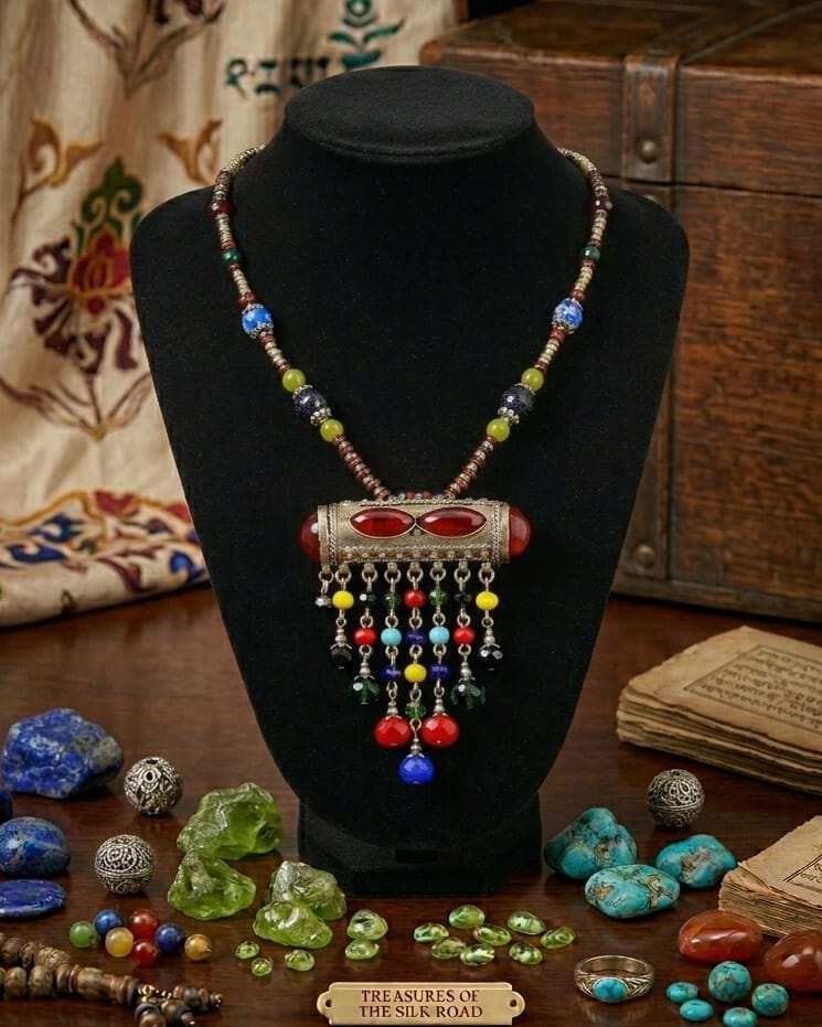 Tribal Afghan Beaded Drop Pendant | Gilt Metal Lariat Necklace