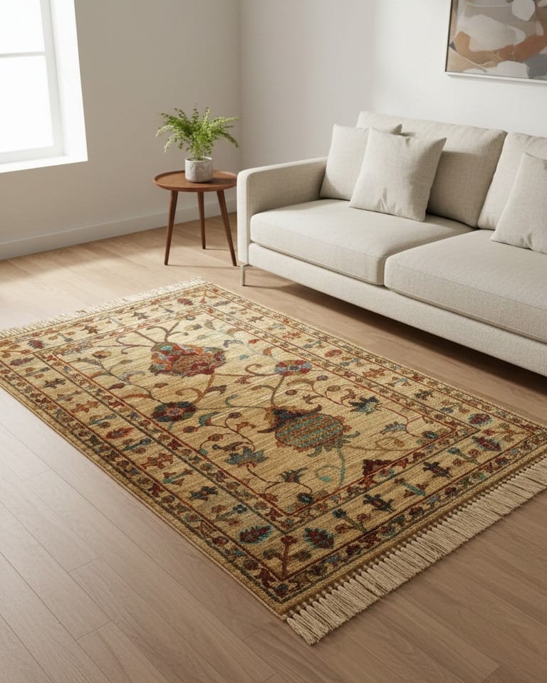 Afghan Sultani Hand-Knotted Wool Rug – Beige Floral Traditional Afghan Carpet