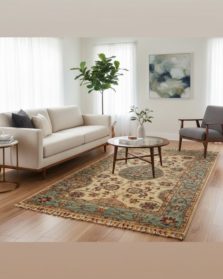 Traditional Afghan Harees Rug 1x2.15 – Handmade Wool Afghan Carpet, Cream & Turquoise Floral Pattern Rug, Artisan Oriental Area Rug