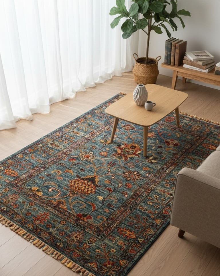 Sultani Afghan Hand Knotted Rug - Wool & Cotton Traditional Carpet- 1×2 m (35×40 in) Blue Floral Design