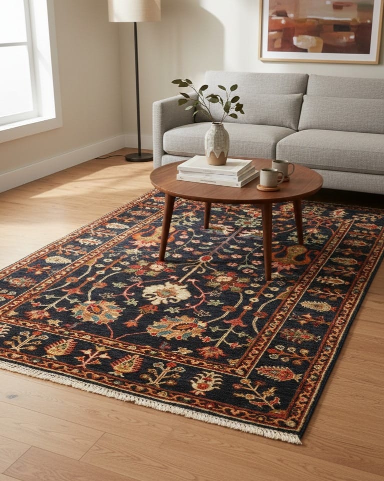Luxury Hand Knotted Afghan Sultani Rug – Dark Navy Floral Garden Design, Wool & Cotton Handmade Afghan Artisan Carpet