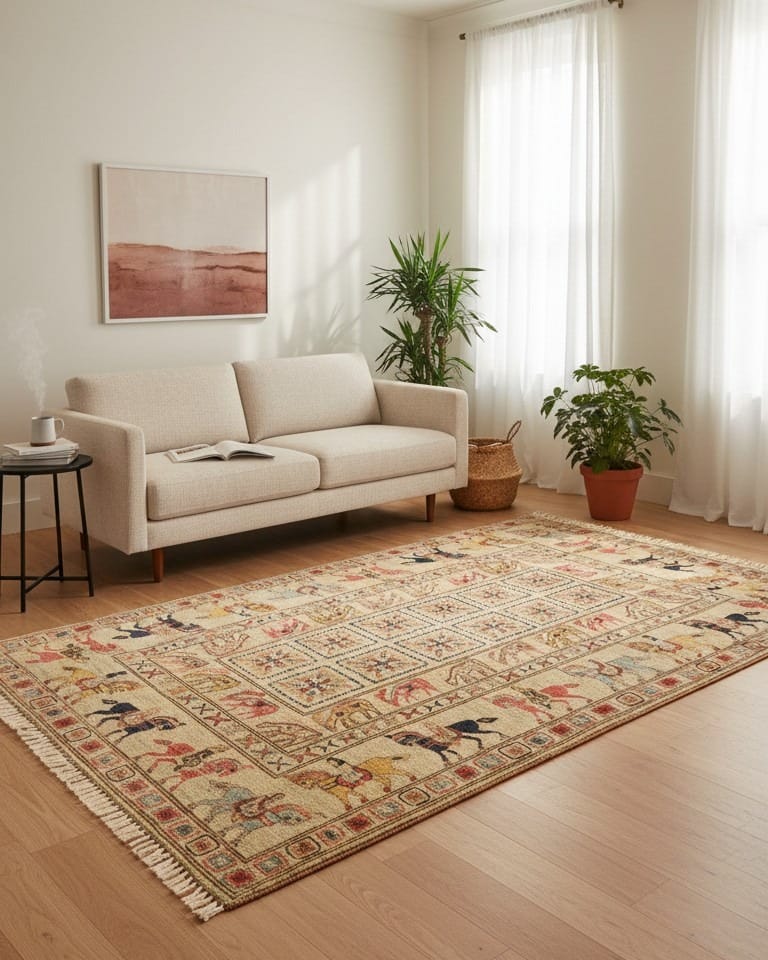 Museum Style Afghan Pazeraak Rug – Hand Knotted Wool & Cotton Tribal Horse Motif Carpet, Authentic Afghan Artisan Rug 1.50×2 m