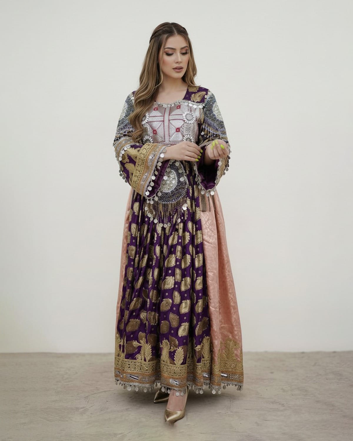 Purple & Gold Afghan Wedding Dress  Handcrafted Traditional Embroidery  with Matching Jewelry