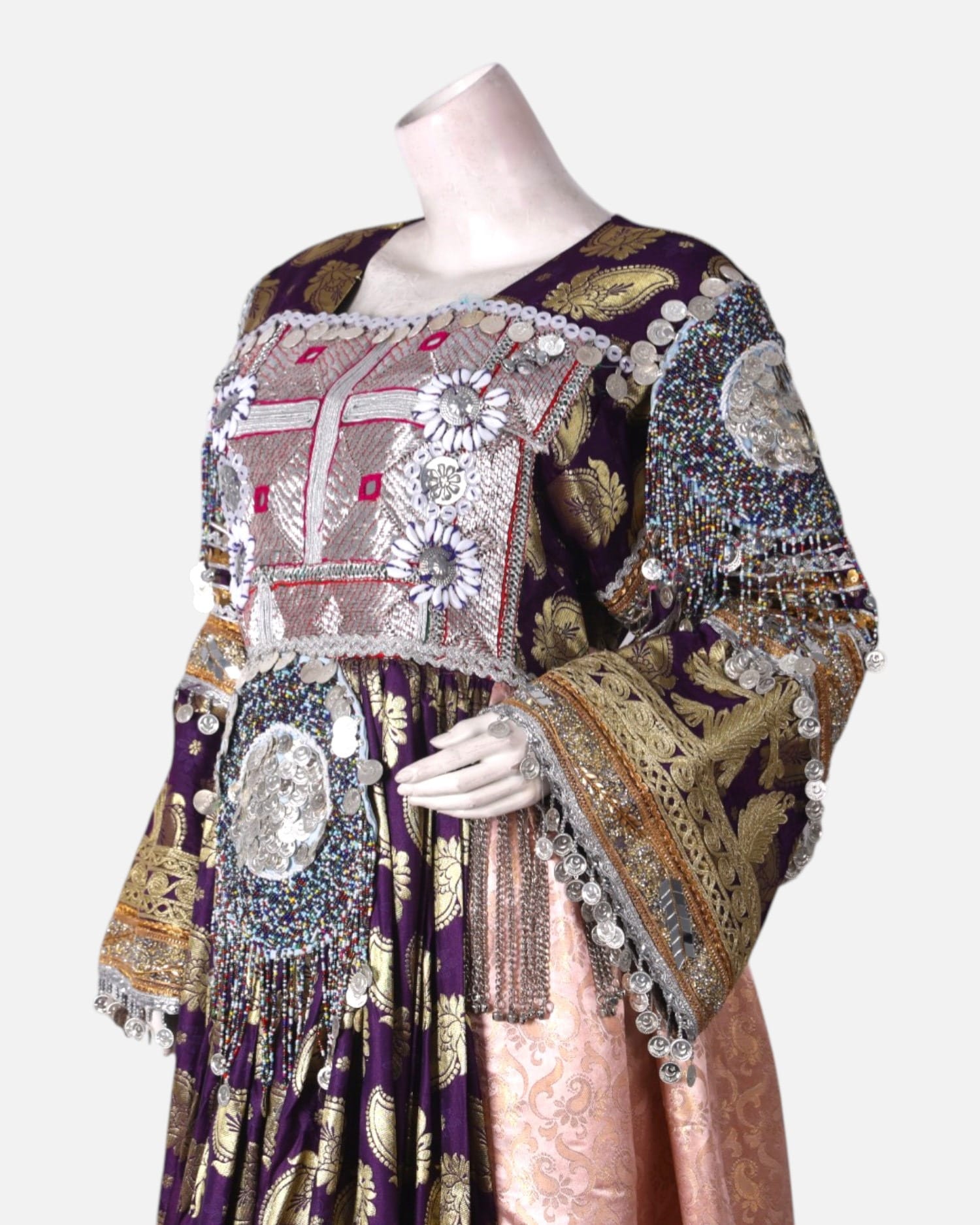 Purple & Gold Afghan Wedding Dress – Handcrafted Traditional Embroidery with Matching Jewelry