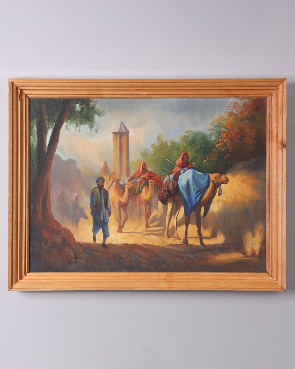 Camel Caravan Oil Painting with Wooden Frame