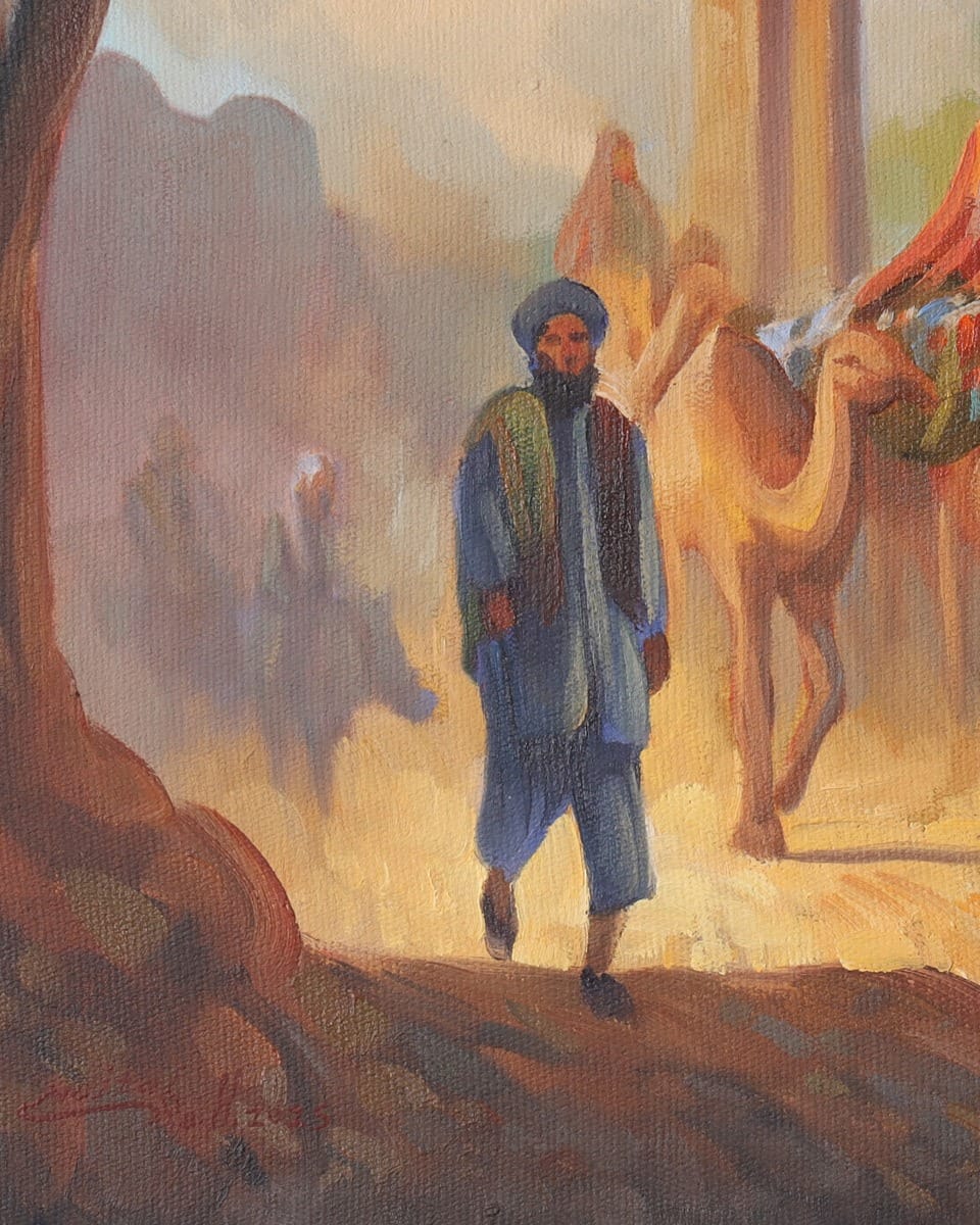 Camel Caravan Oil Painting with Wooden Frame