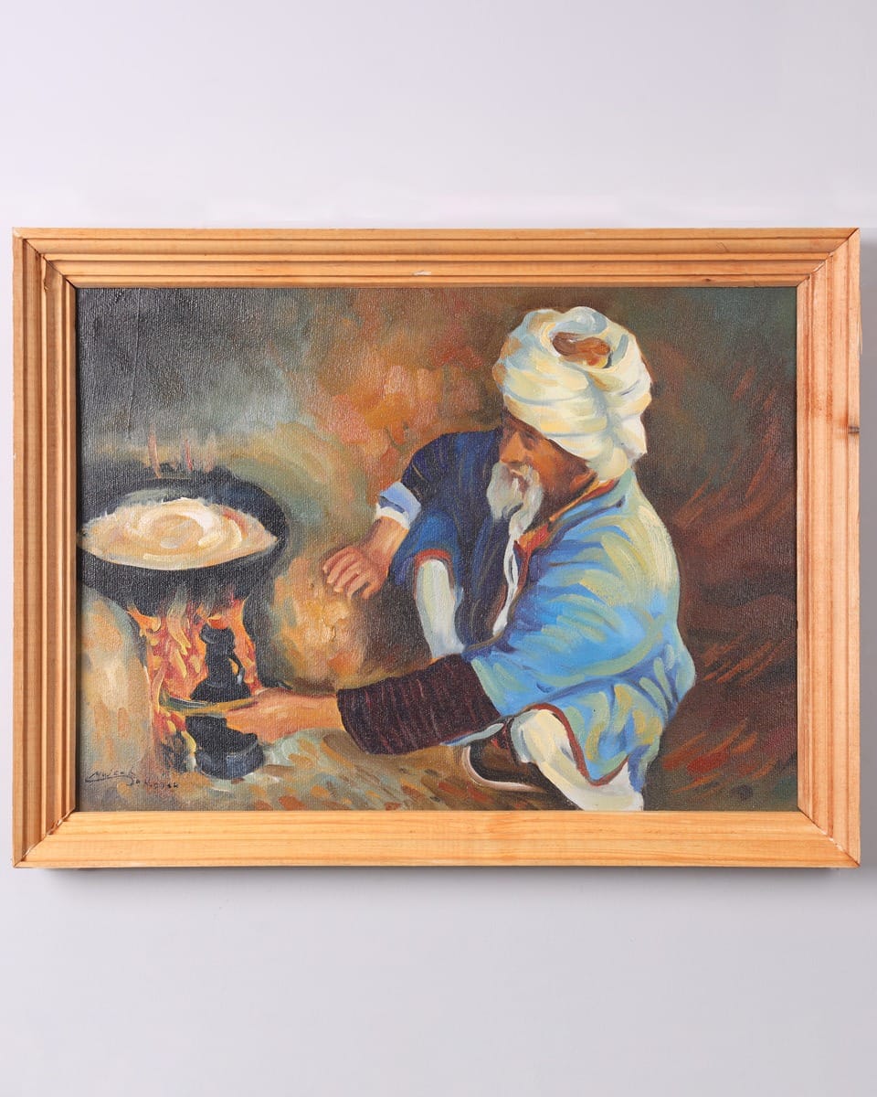 Uzbek Sesame Roasting Oil Painting with Wooden Frame