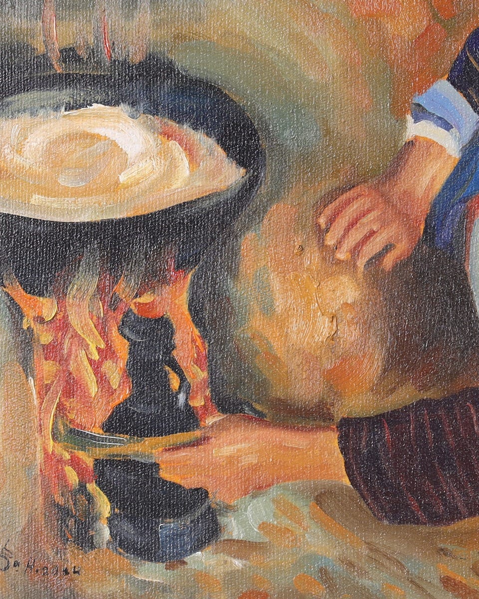 Uzbek Sesame Roasting Oil Painting with Wooden Frame