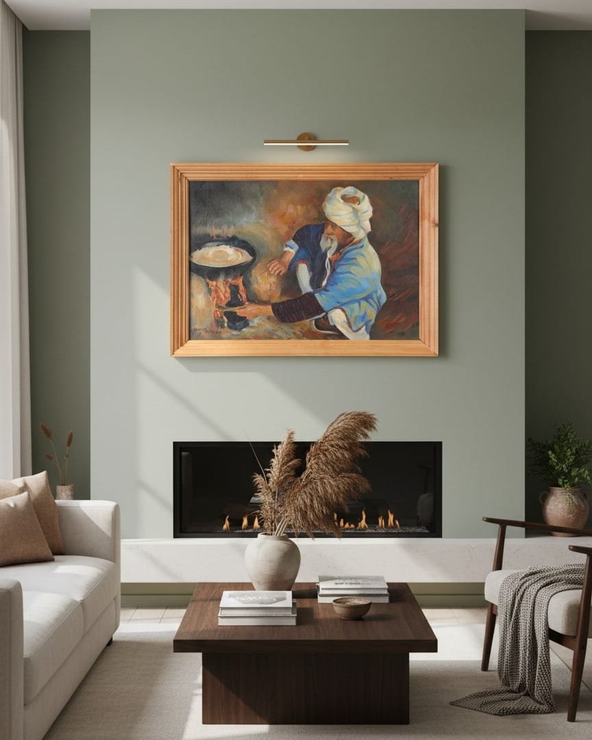 Uzbek Sesame Roasting Oil Painting with Wooden Frame