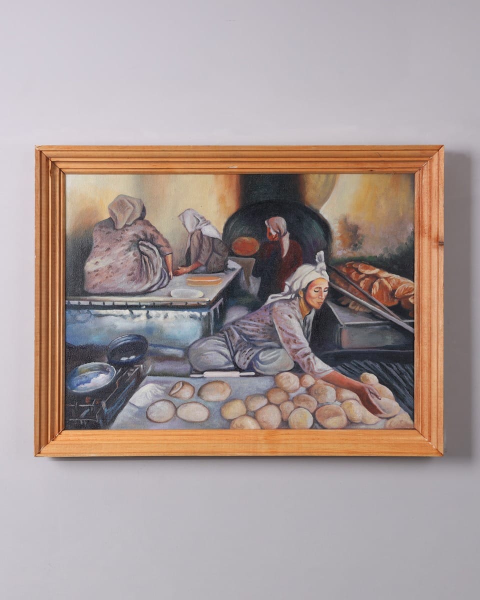 Women Baking Bread in Afghan Bakery Oil Painting with Wooden Frame