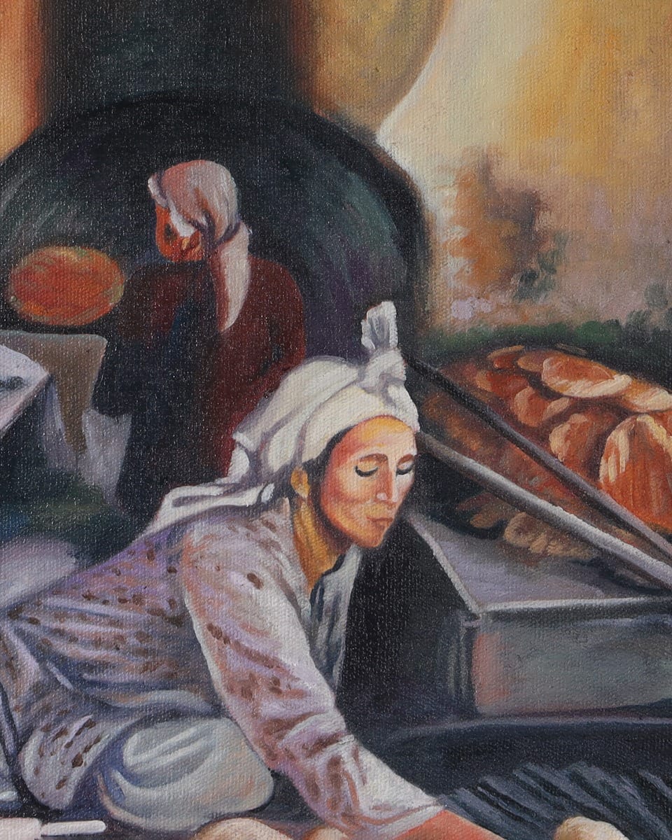 Women Baking Bread in Afghan Bakery Oil Painting with Wooden Frame