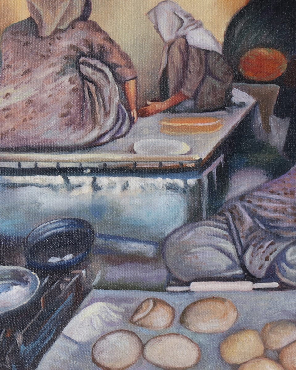 Women Baking Bread in Afghan Bakery Oil Painting with Wooden Frame
