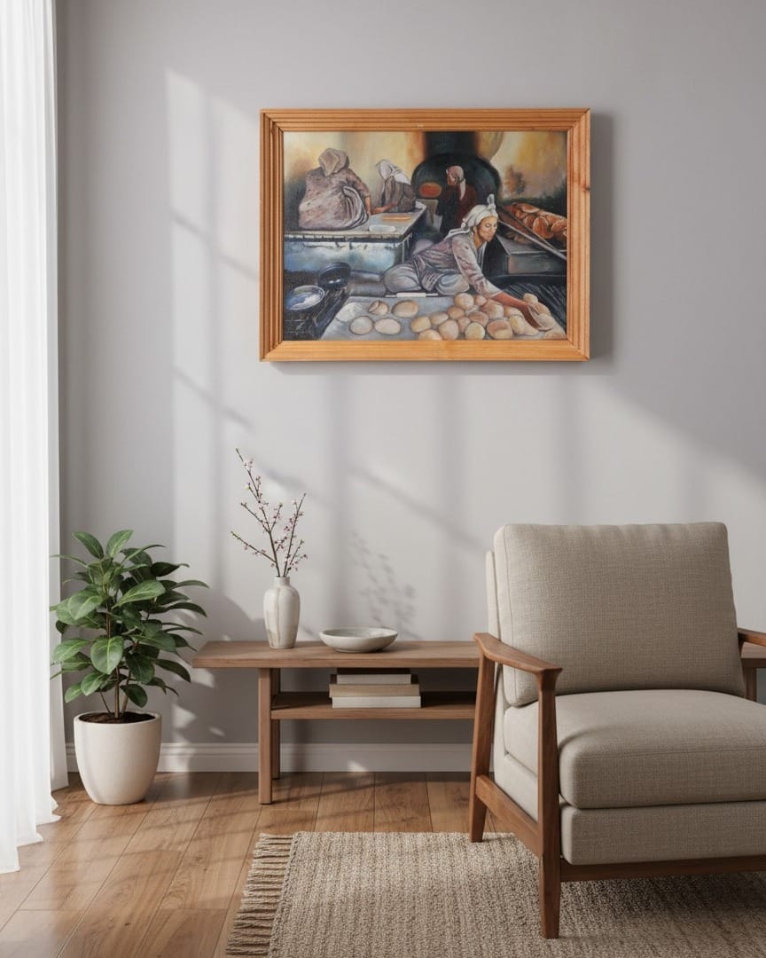 Women Baking Bread in Afghan Bakery Oil Painting with Wooden Frame