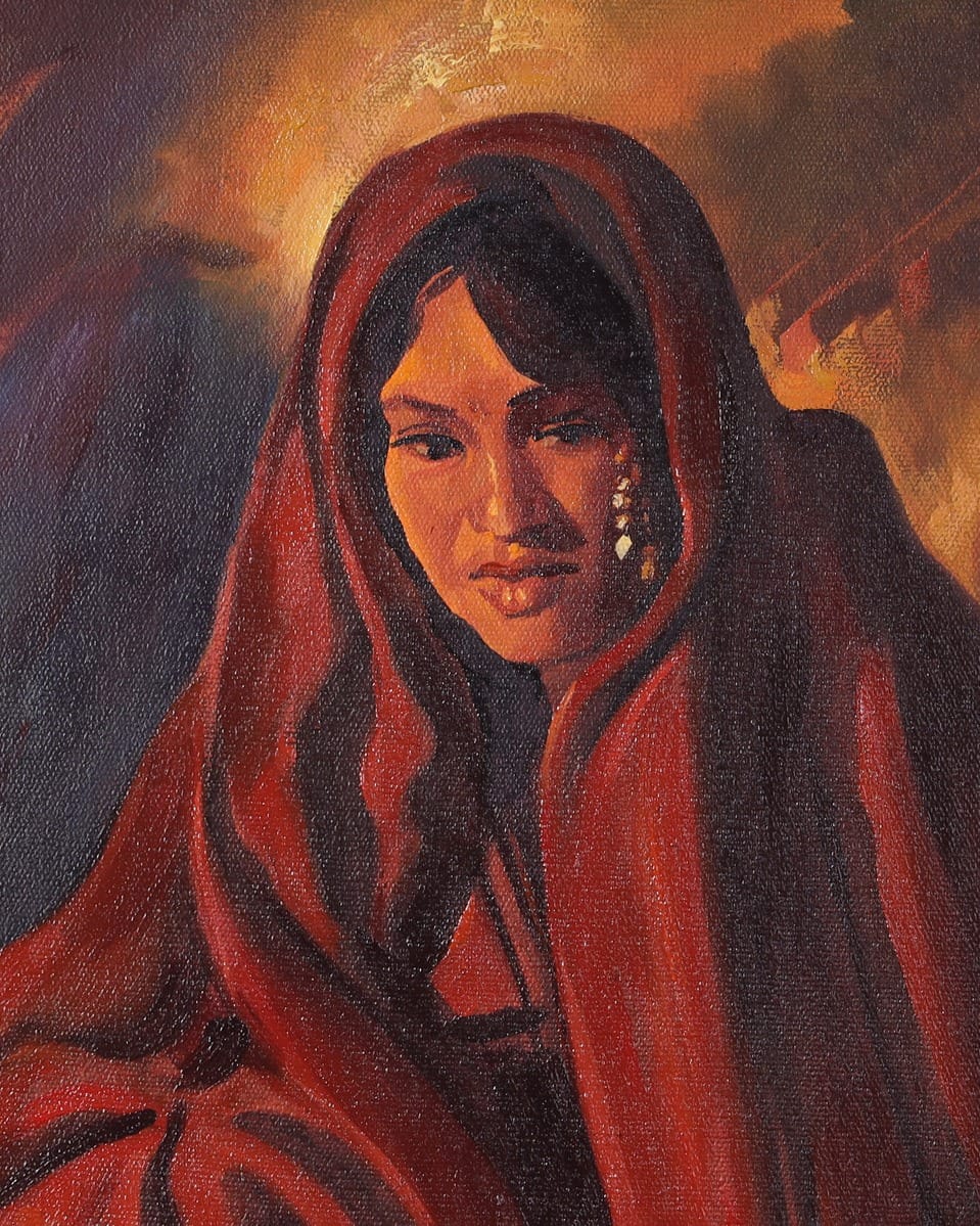 Afghan Woman Oil Painting with Wooden Frame