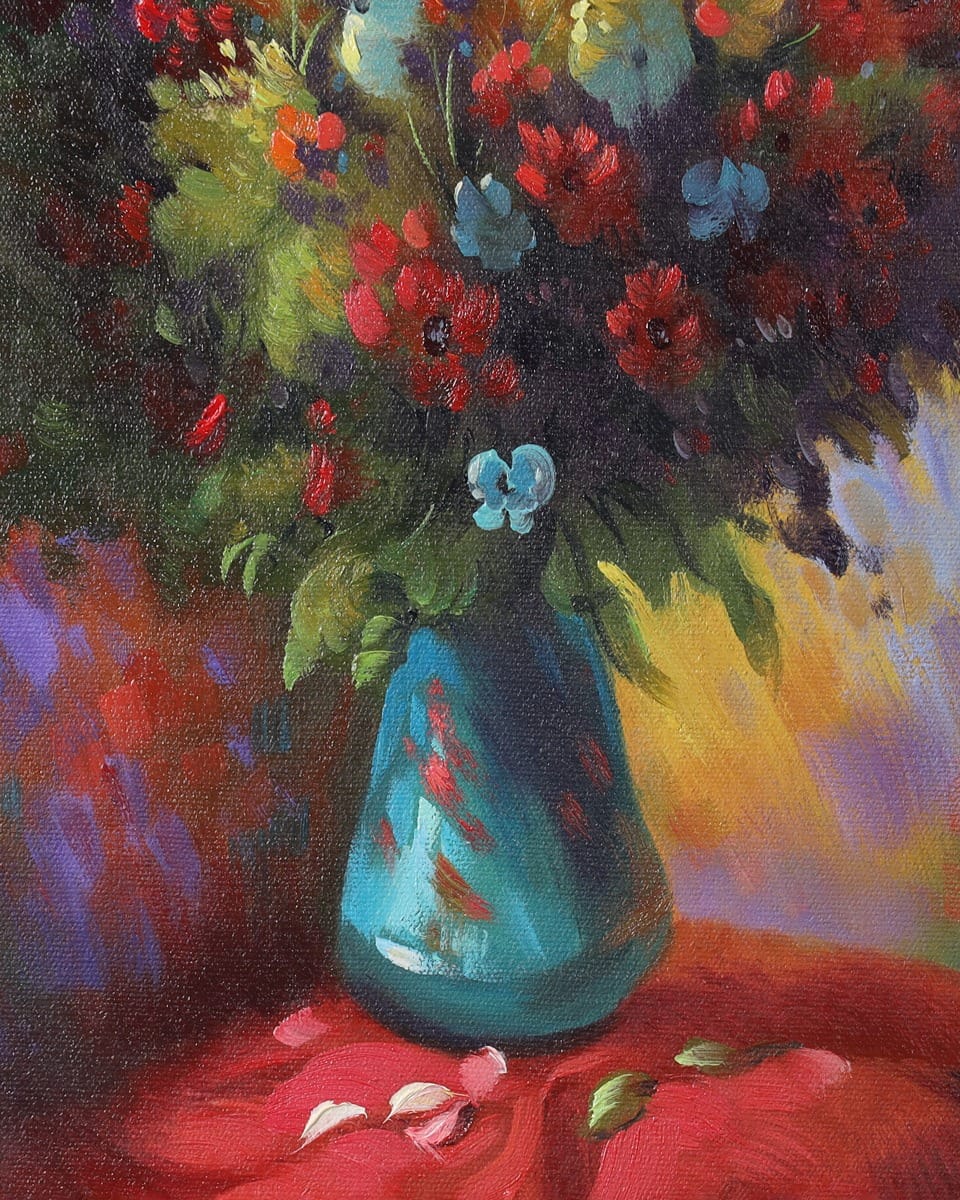 Floral Vase Oil Painting with Wooden Frame