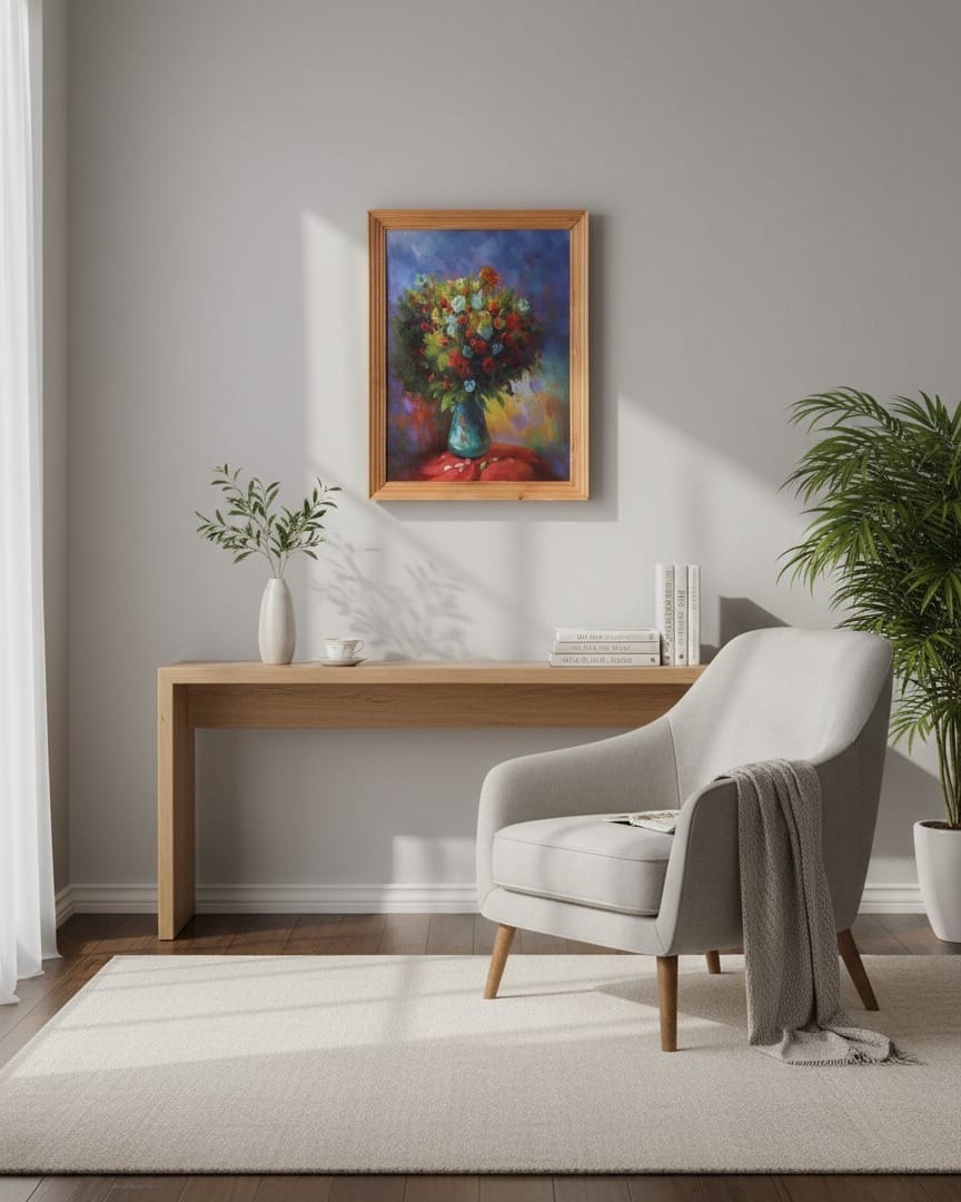 Floral Vase Oil Painting with Wooden Frame
