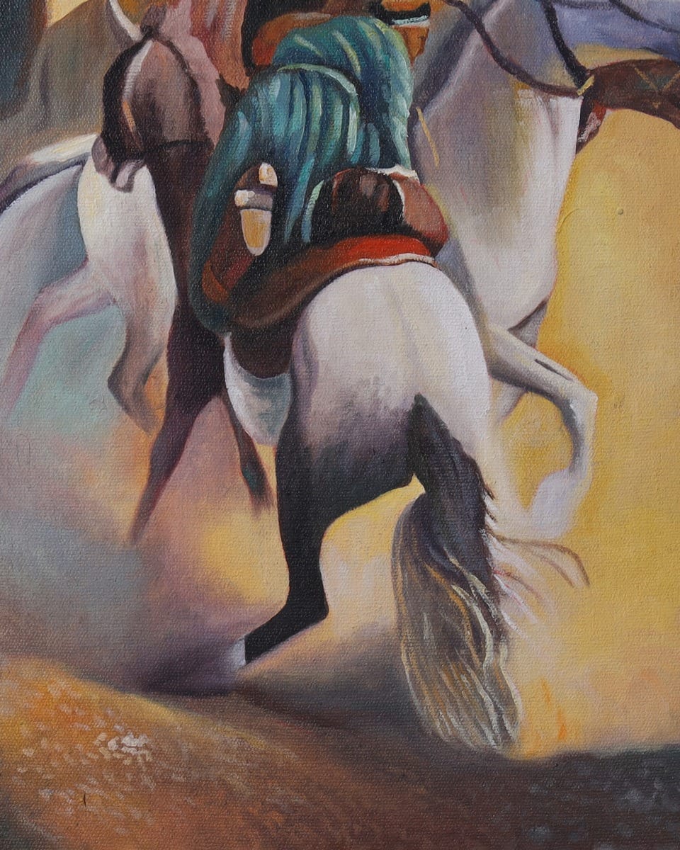 Afghan Buzkashi Horse Racing Oil Painting with Wooden Frame