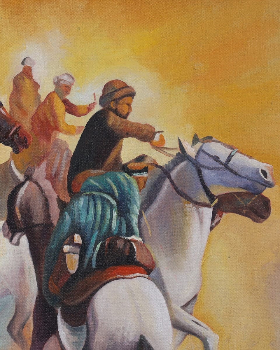 Afghan Buzkashi Horse Racing Oil Painting with Wooden Frame