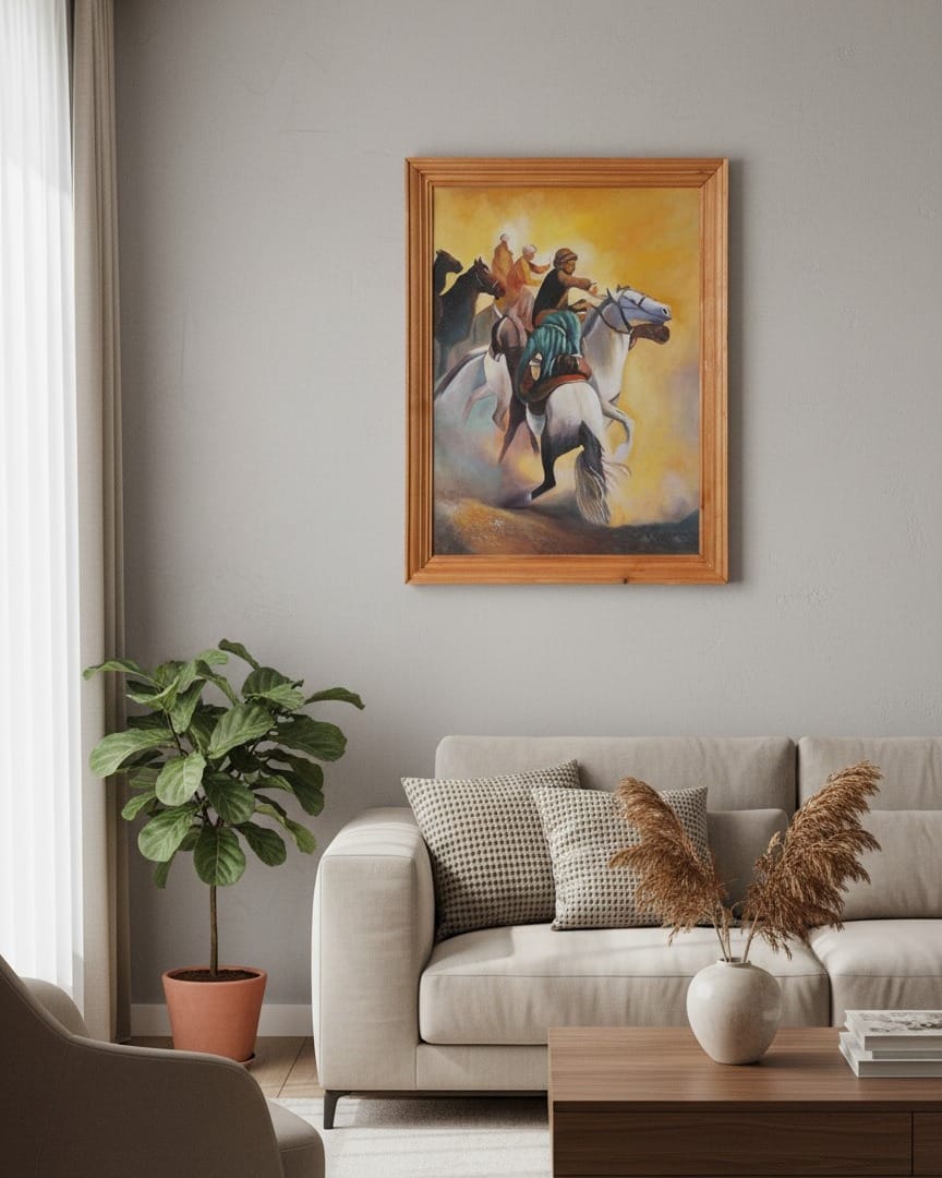 Afghan Buzkashi Horse Racing Oil Painting with Wooden Frame