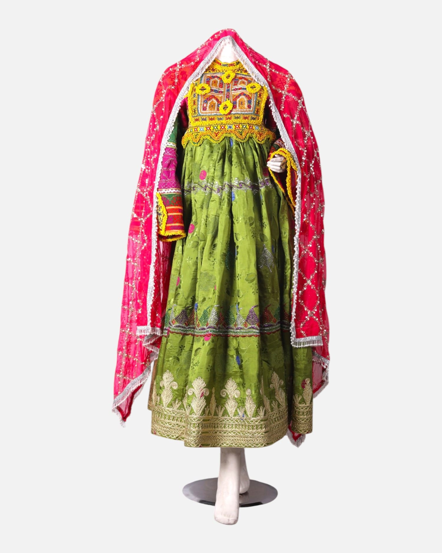 Traditional Kooche Dress with Hand Embroidered Velvet and Pink Chador